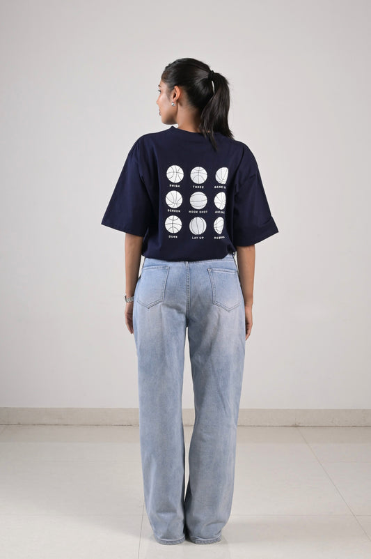 Basketball Oversized Tee - Unisex Navy Blue Cotton - Raari India