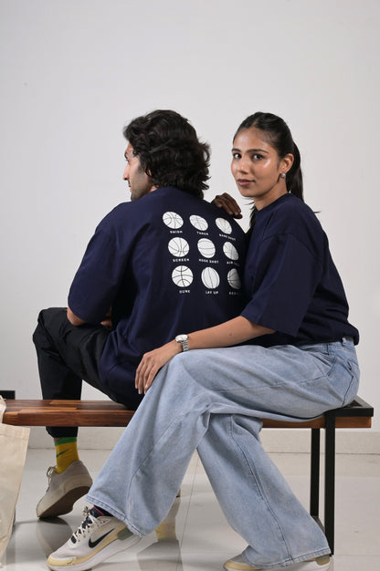 Basketball Oversized Tee - Unisex Navy Blue Cotton